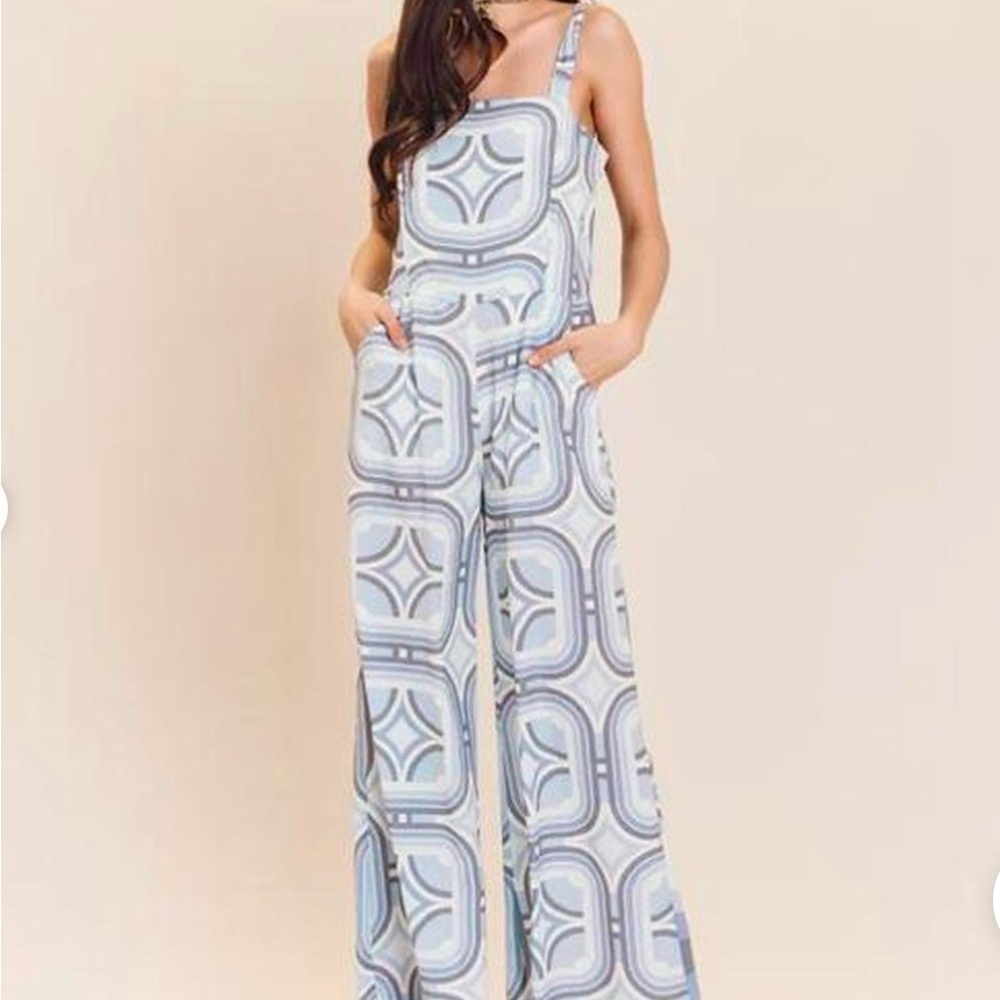 LENNI the Label Captain Jumpsuit Cornflower Blue Geometric Boho Retro Size Large